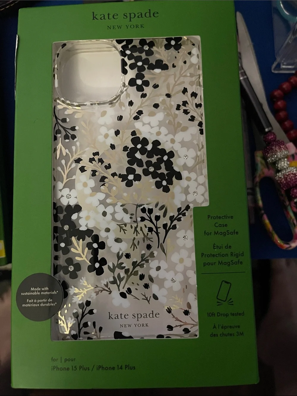 kate spade White Gold Black Floral MagSafe iPhone 14/15 plus Case